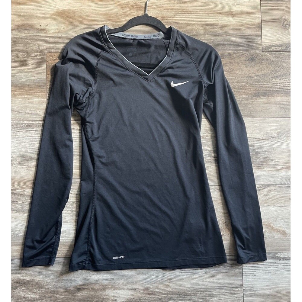 Nike Pro Women’s Dri-Fit Shirt Size Small Black V-Neck Long Sleeve  Running
